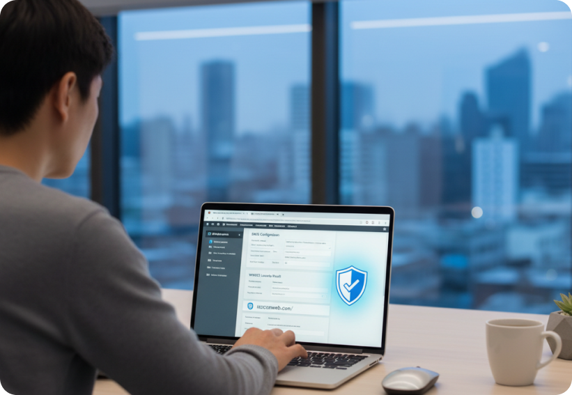 Person managing domain settings on a laptop with a security shield overlay