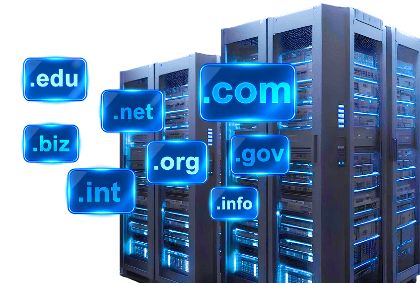 Server racks with floating domain extensions including .com, .net, .org, and .edu