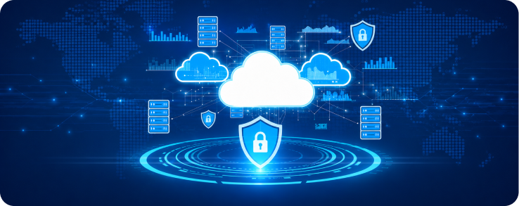 Secure managed cloud icons with shield and global network overlay